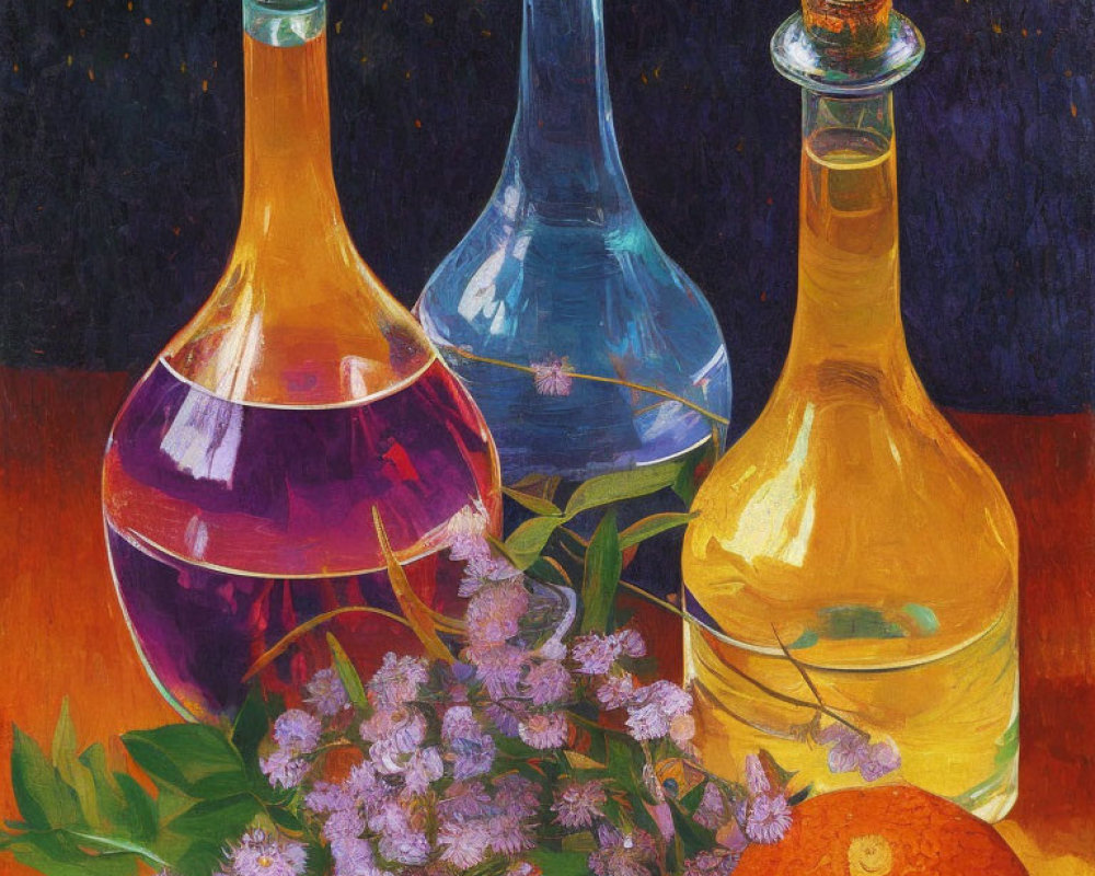 Vibrant still life painting with translucent bottles, purple flowers, and orange