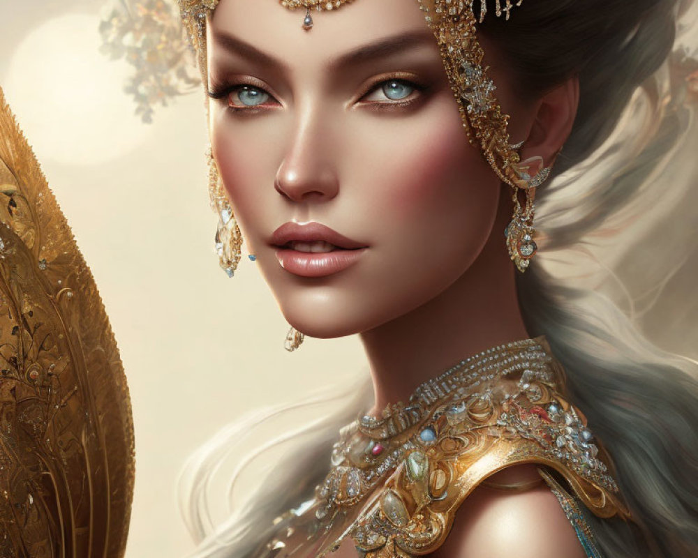 Fantasy queen with golden crown and silver hair portrait.