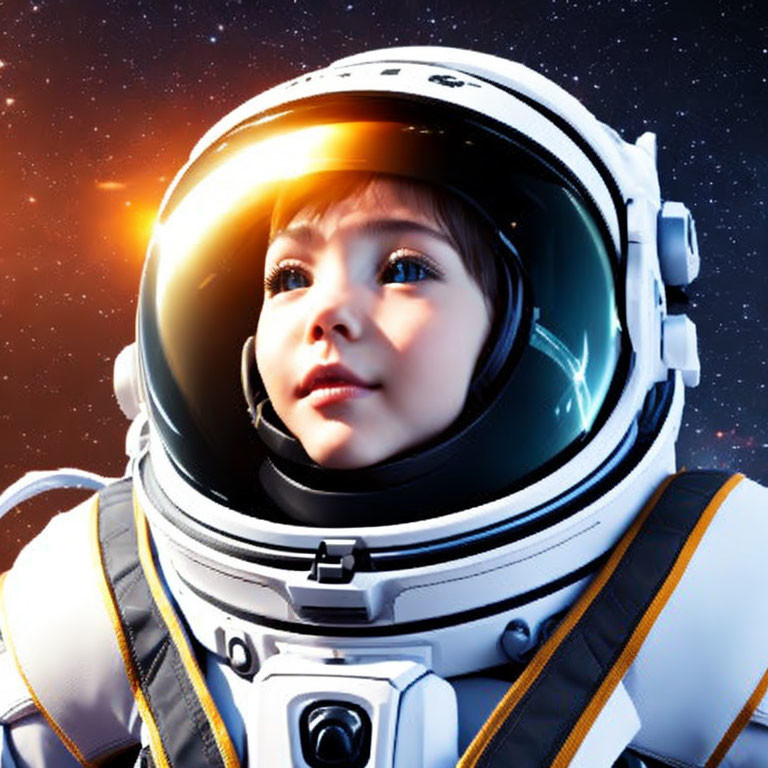 Child astronaut with wide eyes in space helmet reflecting stars.