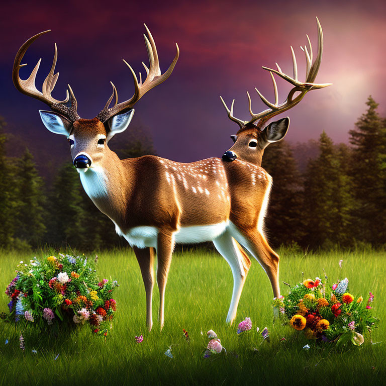 White-Tailed Deer in Vibrant Meadow at Twilight