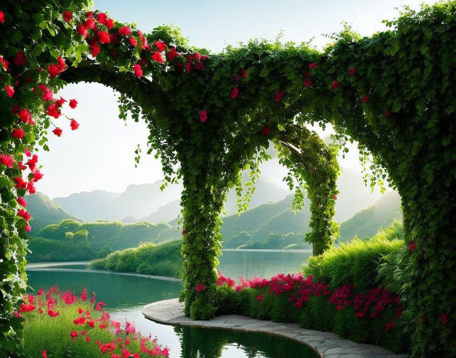 Green vine-covered arch with red flowers by tranquil lake and lush hills