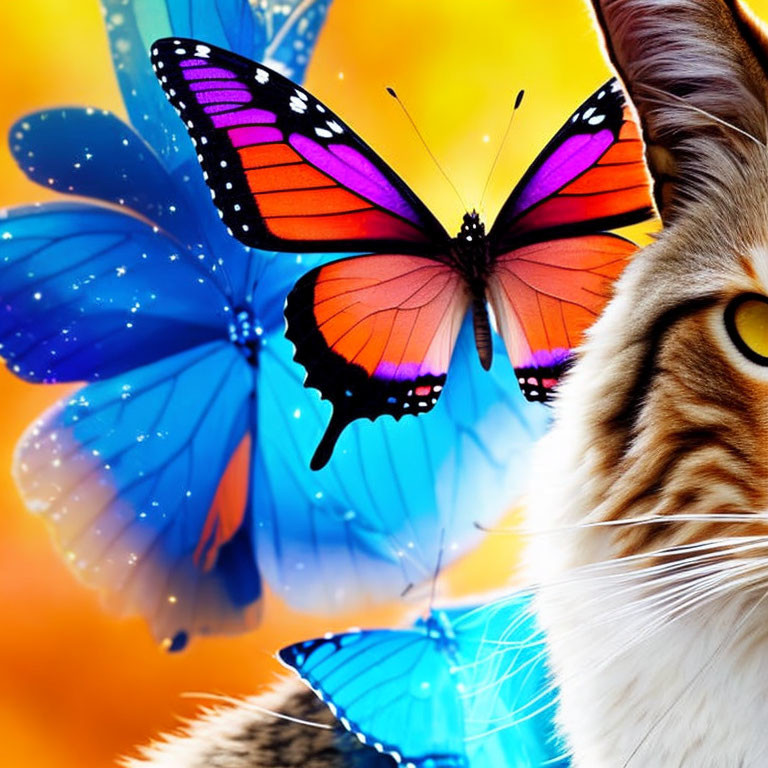 Colorful Butterfly and Cat with Striking Eyes Portrait