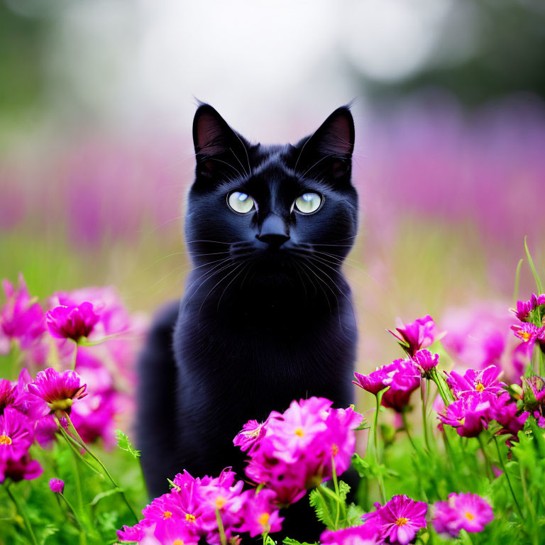 Black Cat with Blue Eyes in Purple Flower Meadow