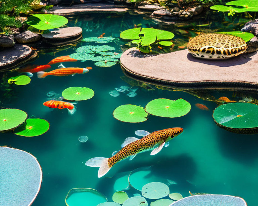 Tranquil koi pond with colorful fish and green lily pads