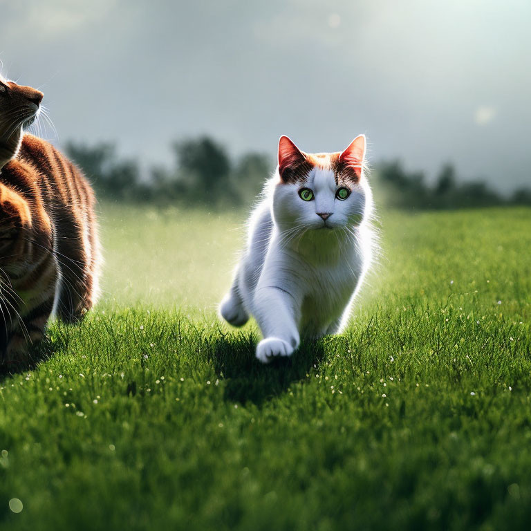 White Cat with Green Eyes Running in Lush Green Field with Brown Cat