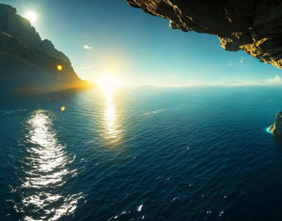 Scenic sunset ocean view from cave with light rays and blue sky