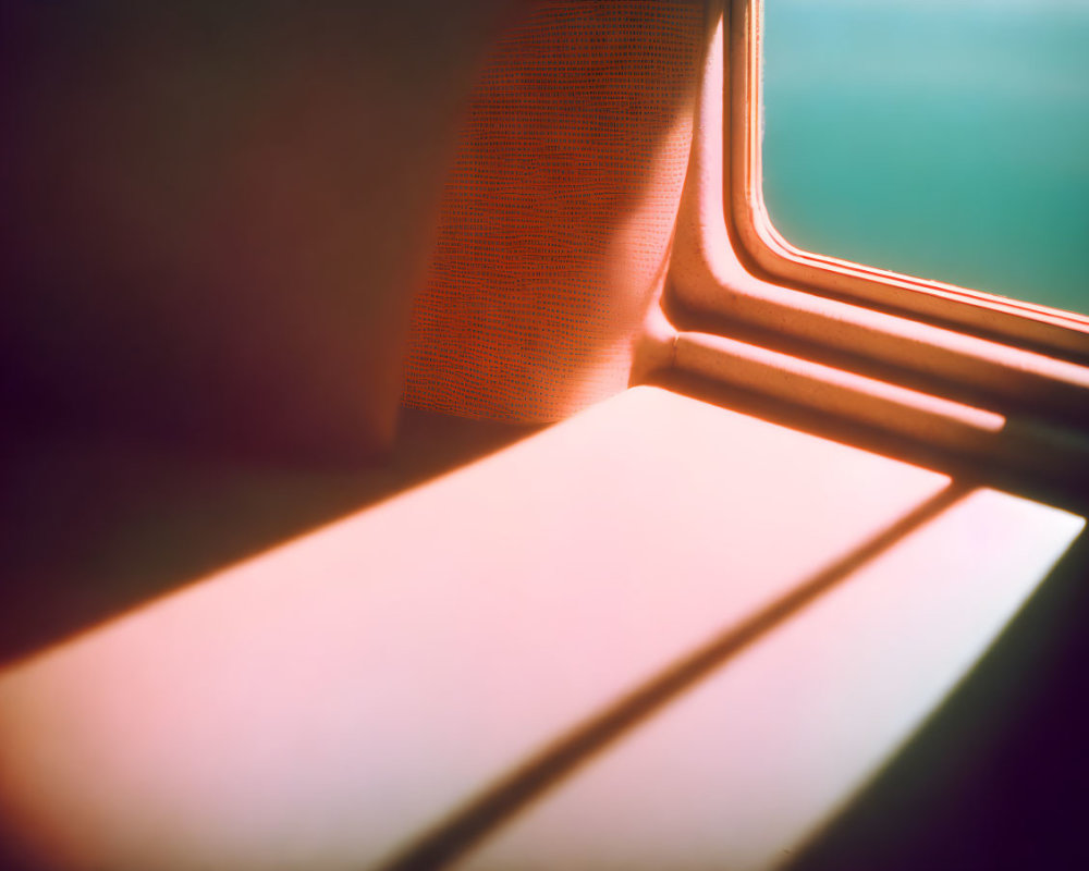 Sunlight illuminating train interior with orange seat and floor