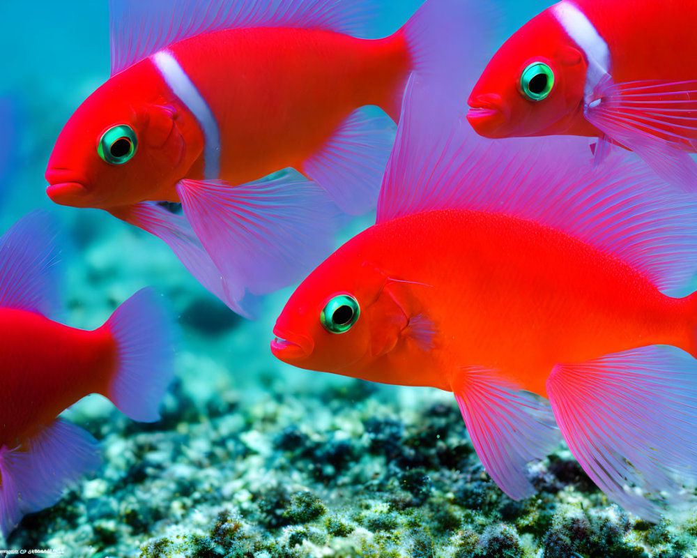 Colorful red fish with translucent fins in clear blue water above coral reef.