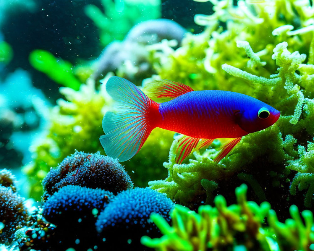 Colorful Fish Swimming Among Coral and Plants in Clear Water