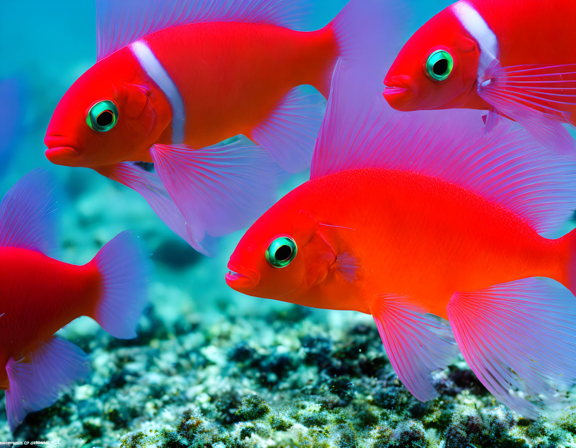 Colorful red fish with translucent fins in clear blue water above coral reef.