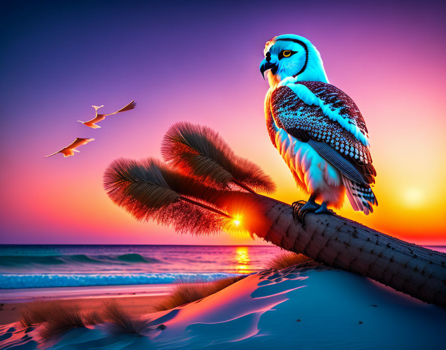 Colorful Owl Perched on Palm Tree at Sunset