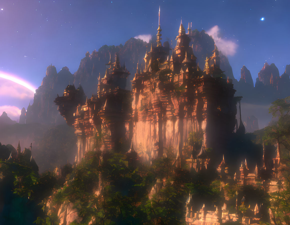 Fantasy castle on misty mountain with spires and rainbow