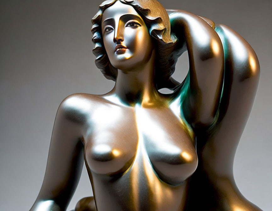 Reflective metallic sculpture of woman with classical beauty.