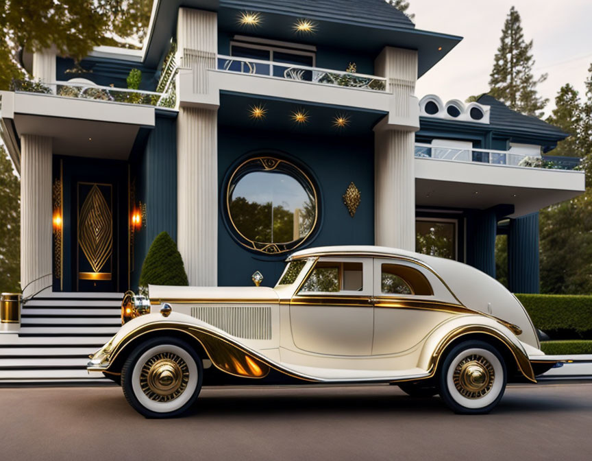 Vintage car outside modern house with blue walls & large windows