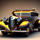 Classic Luxury Car: Black and Brown Design, Chrome Details, Round Headlights