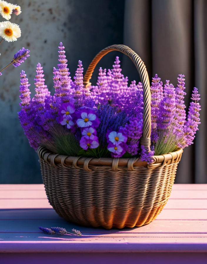 Vibrant lavender and white flowers in wicker basket on pink surface