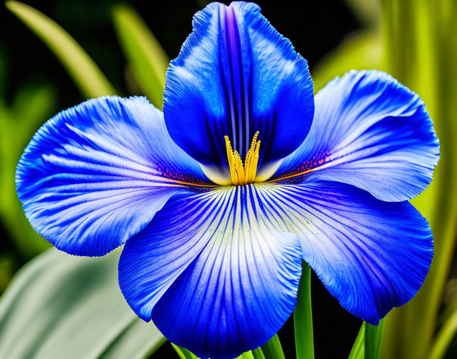 Detailed Blue Iris Flower with Yellow Center on Blurred Green Background