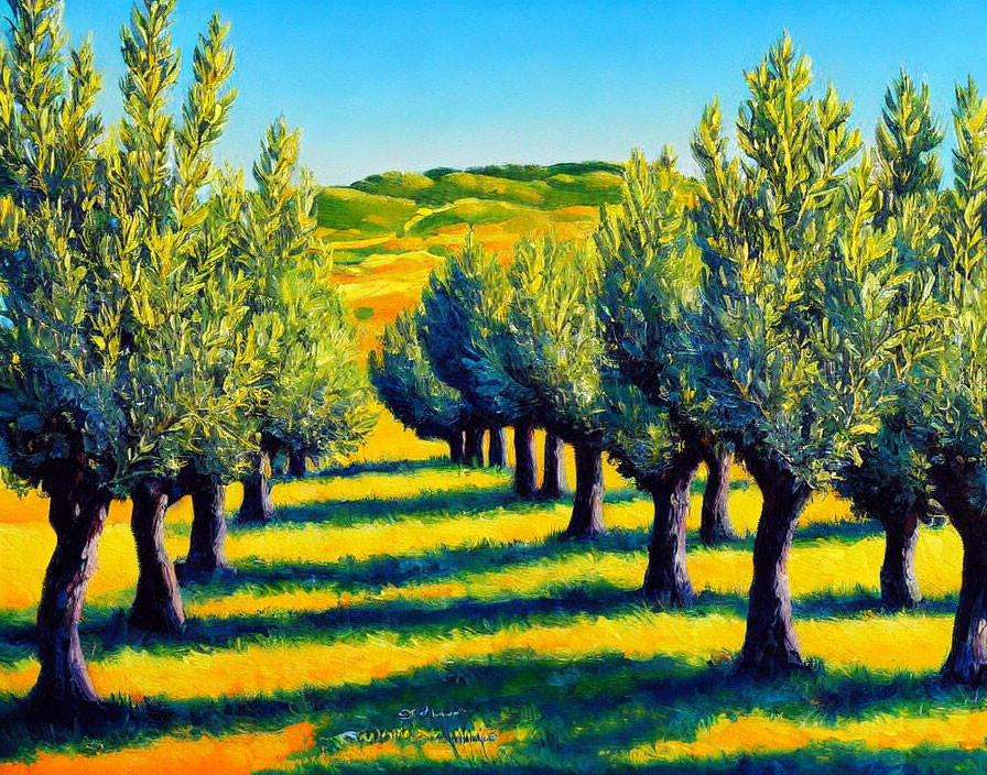 Colorful painting of lush olive trees against golden hills and blue sky