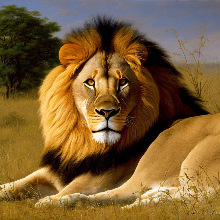 Majestic lion with full mane in savannah grass landscape