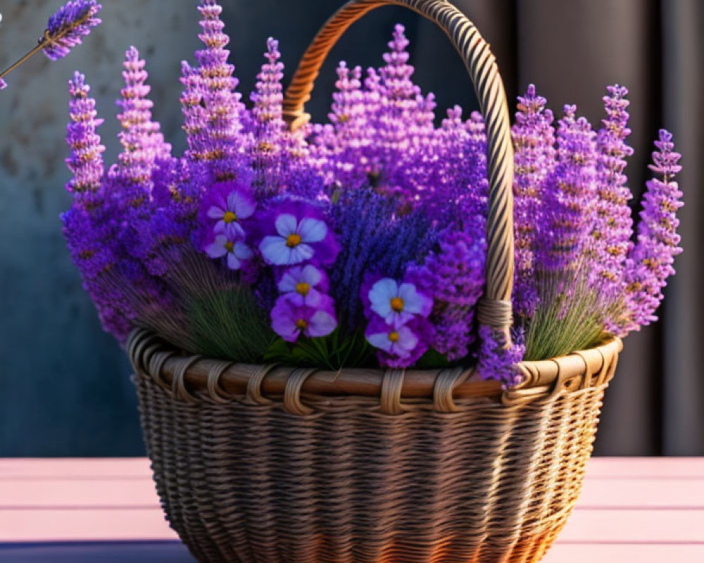 Vibrant lavender and white flowers in wicker basket on pink surface
