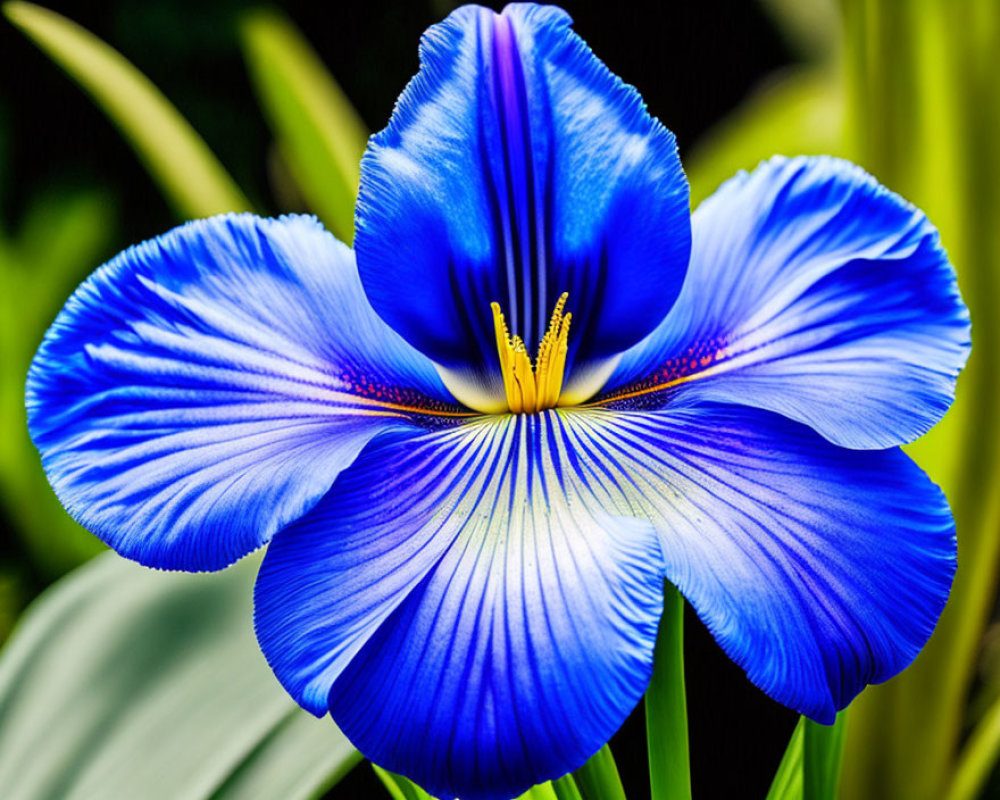 Detailed Blue Iris Flower with Yellow Center on Blurred Green Background