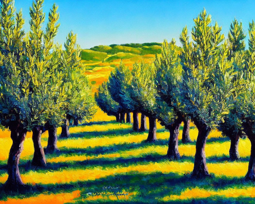 Colorful painting of lush olive trees against golden hills and blue sky