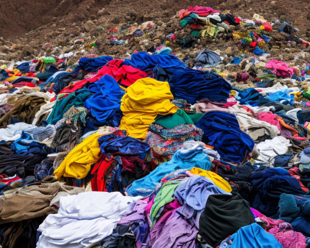 Colorful Discarded Clothing Pile on Barren Hillside