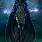 Fantasy character in dark cloak and armor with glowing purple energy in starry setting