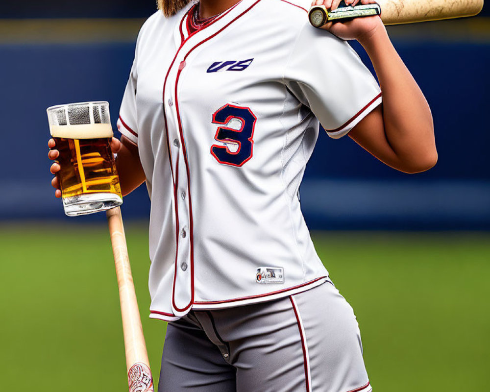 Baseball player with bat and beer on sports field