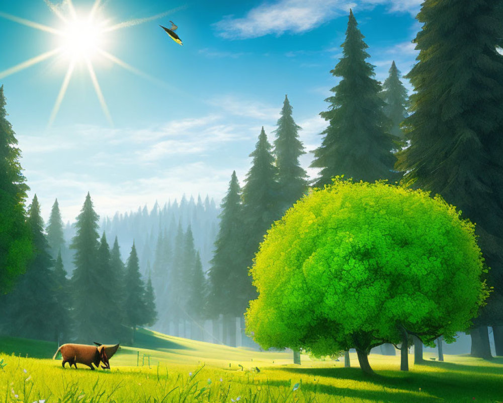 Tranquil landscape with lone tree, grazing horse, lush greenery, forest, and vibrant sun