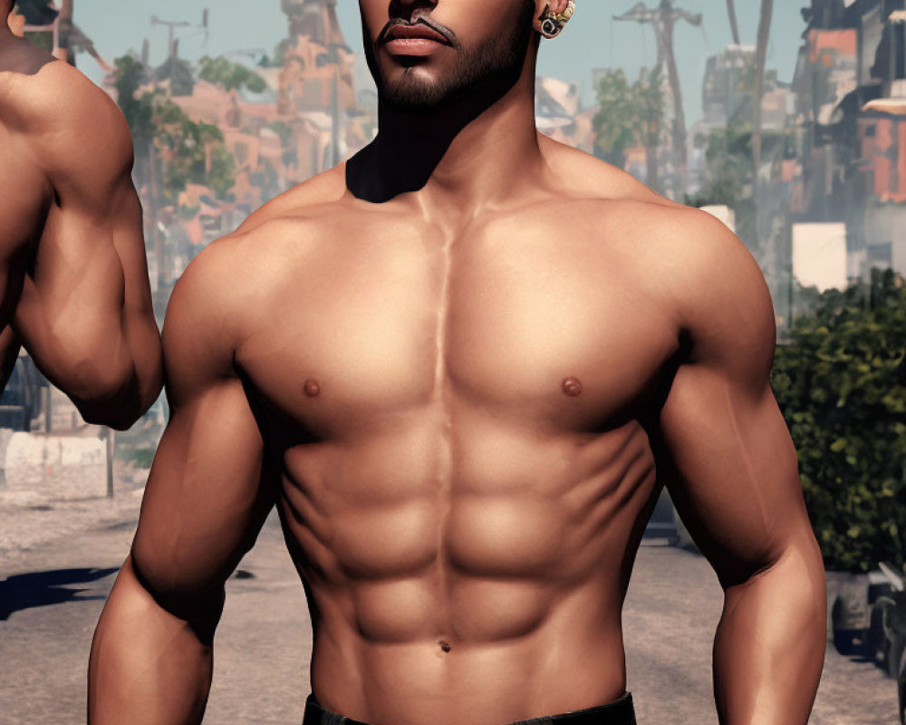 Bearded shirtless man with earring in urban setting