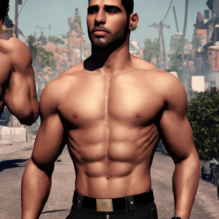 Bearded shirtless man with earring in urban setting