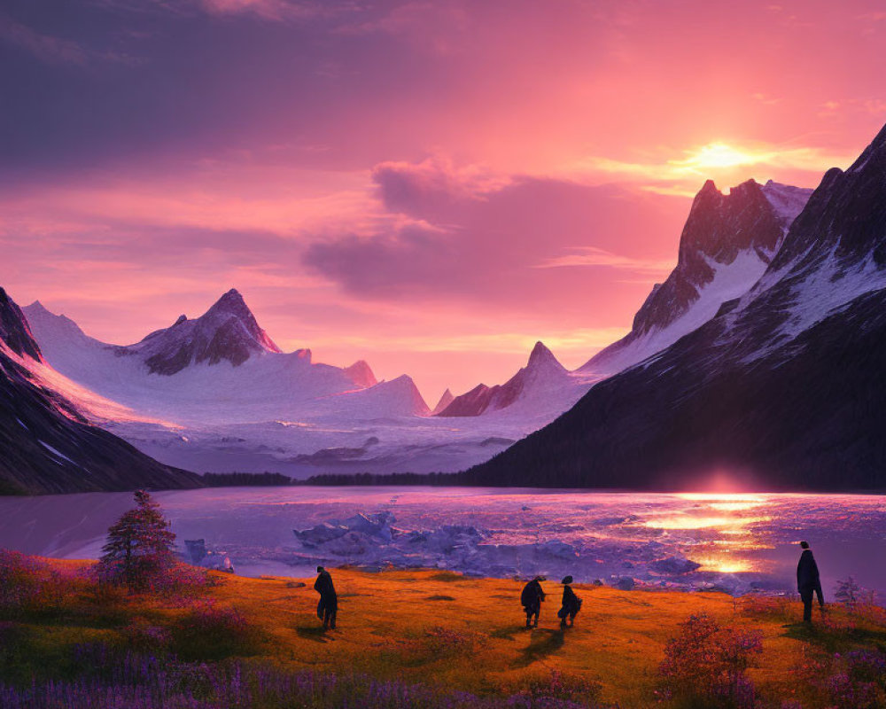 Purple Sunrise Over Mountainous Landscape with Glacier, Lake, and People Admiring View