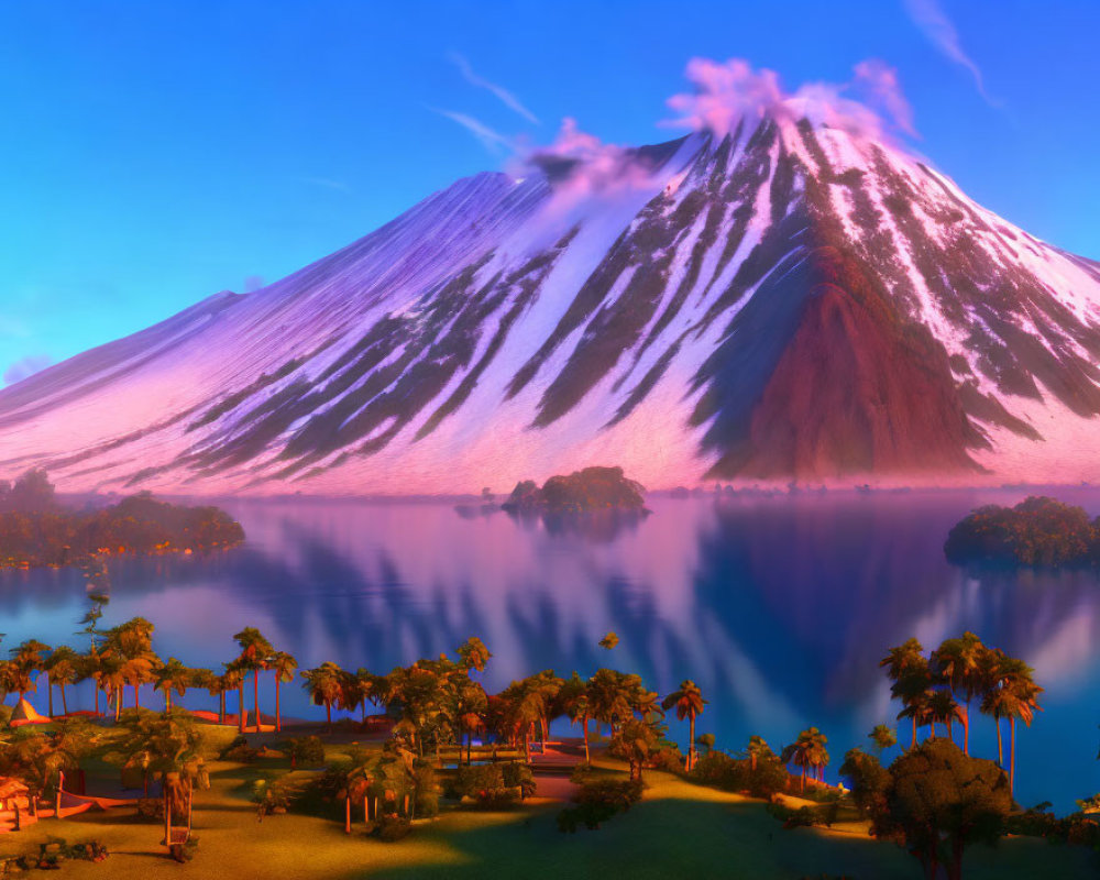 Tranquil sunset scene with snow-capped volcano, lake, and palm trees