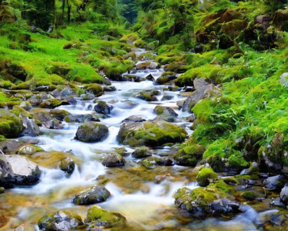 Tranquil stream with clear water, moss-covered rocks, and lush forest vegetation