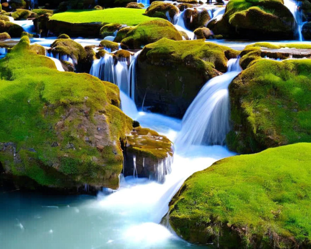 Tranquil scene of moss-covered rocks and cascading water