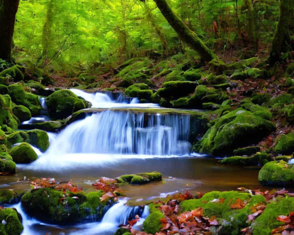 Tranquil forest scene: cascading waterfall, moss-covered rocks, autumn leaves