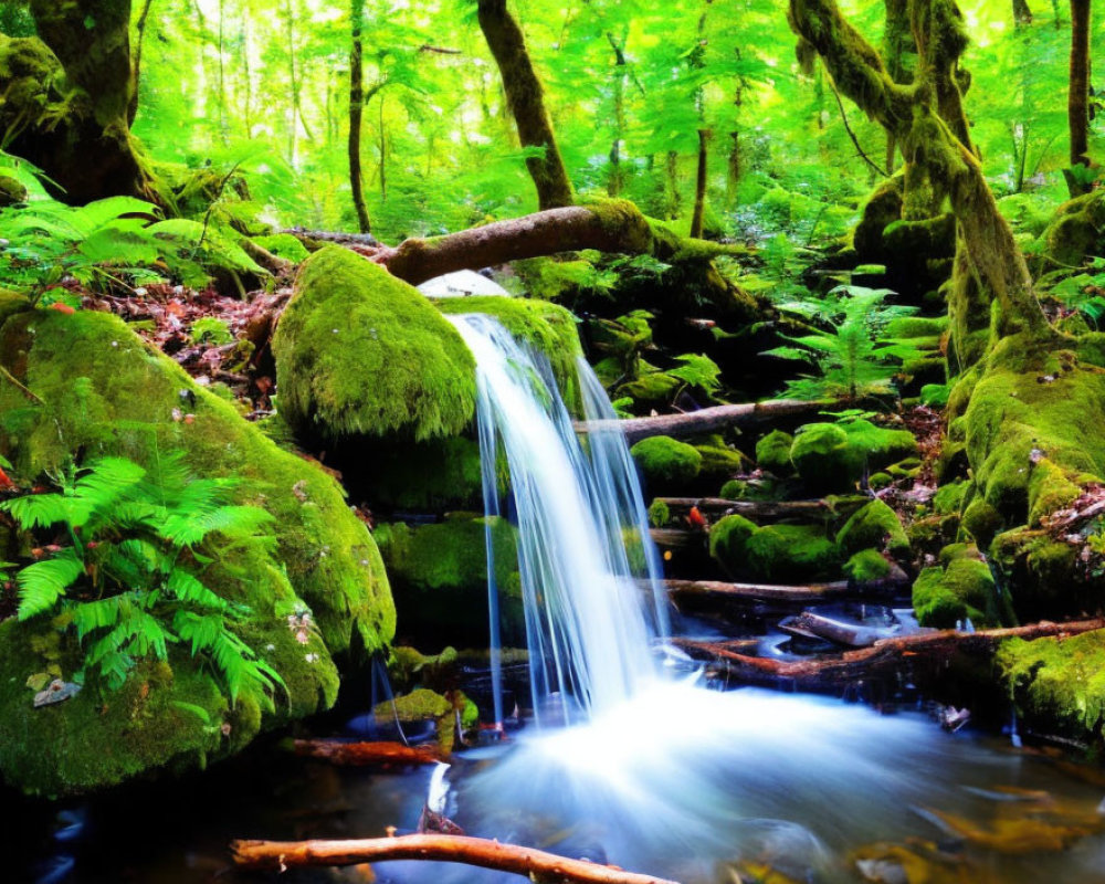 Tranquil forest waterfall scene with mossy rocks and lush greenery