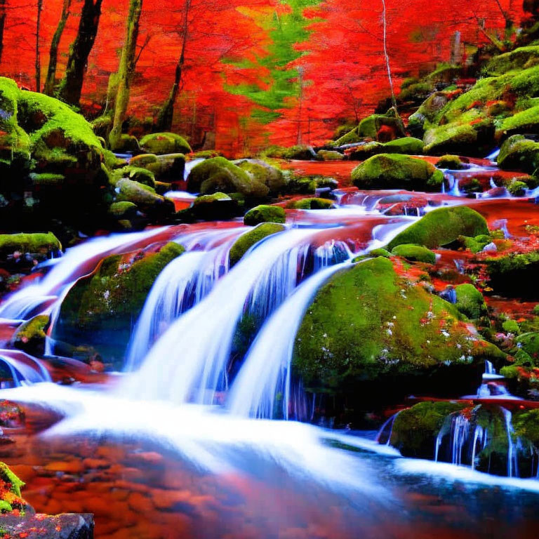 Autumn forest with moss-covered rocks and cascading waterfall