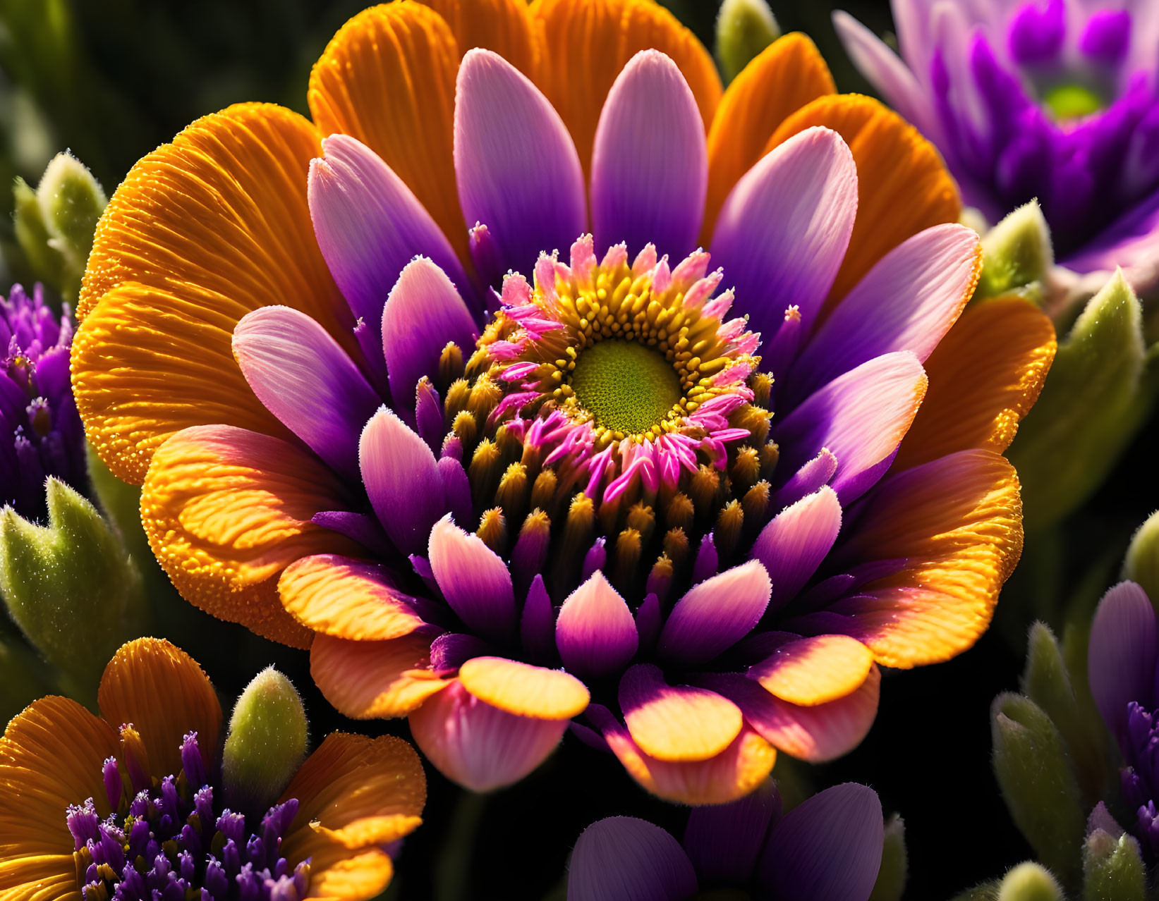 Detailed close-up of vibrant purple and orange flower with yellow center and greenery.