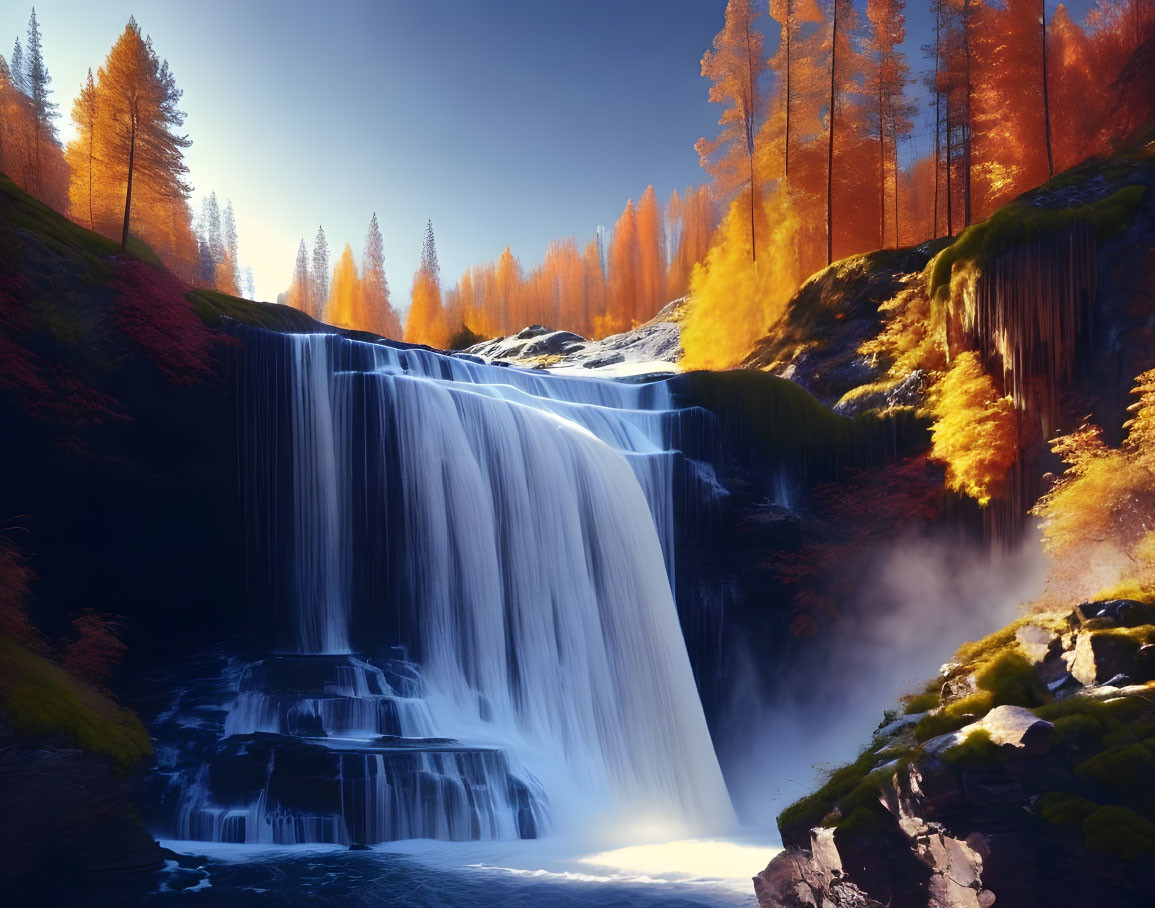 Majestic waterfall over layered rocks in autumn forest scene