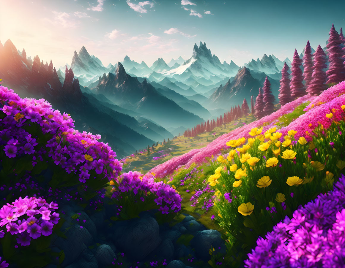 Scenic landscape with lush valleys, blooming flowers, and majestic mountains