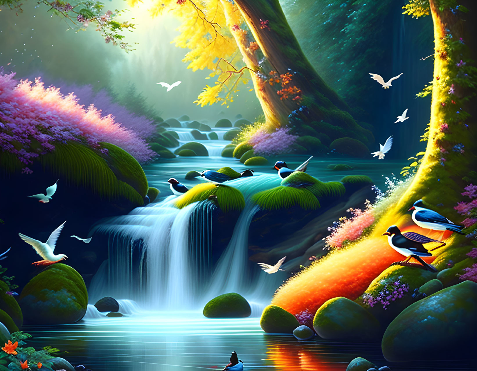 Serene forest scene with waterfall, birds, and river