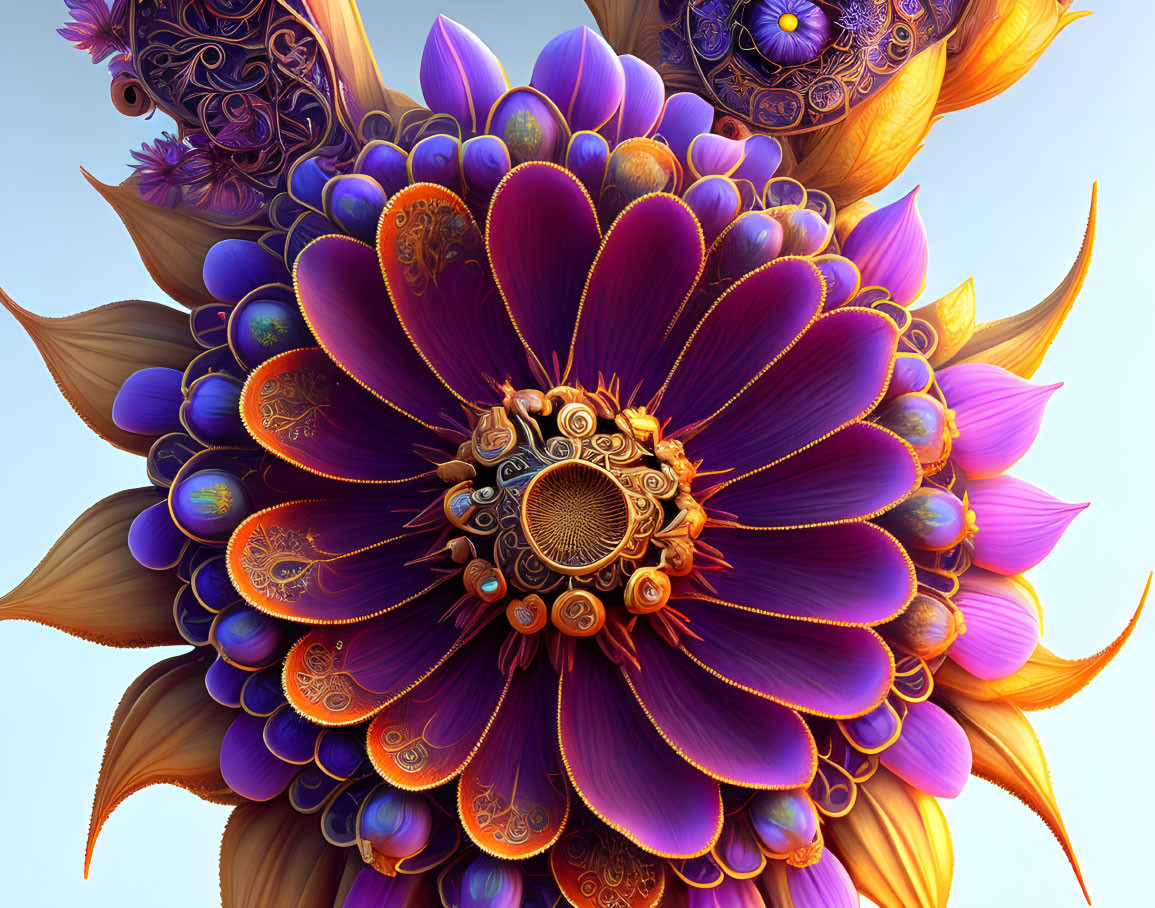 Colorful digital artwork: Stylized flower with intricate purple, blue, and orange petals.