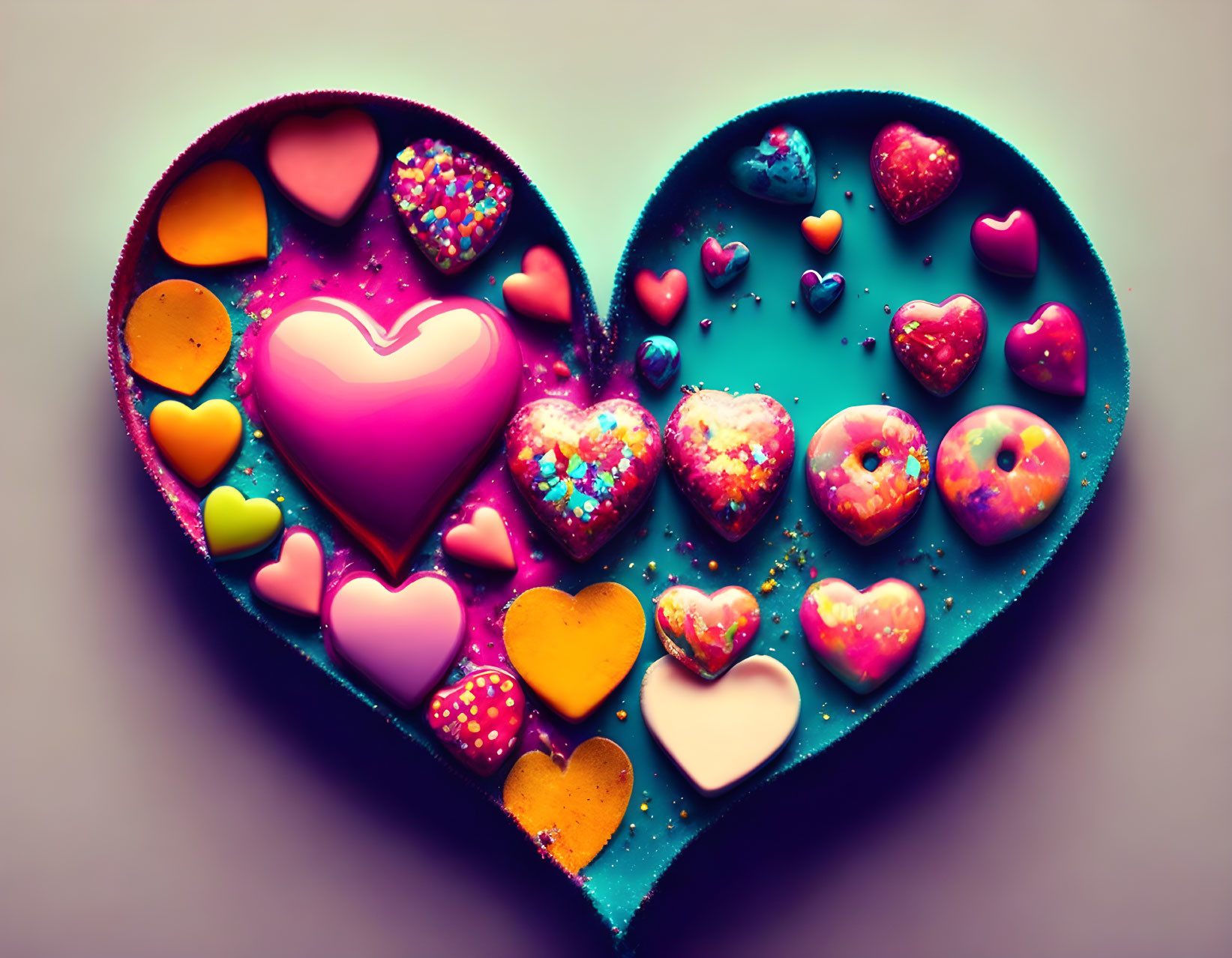 Heart-shaped objects and candies in vibrant colors for Valentine's Day