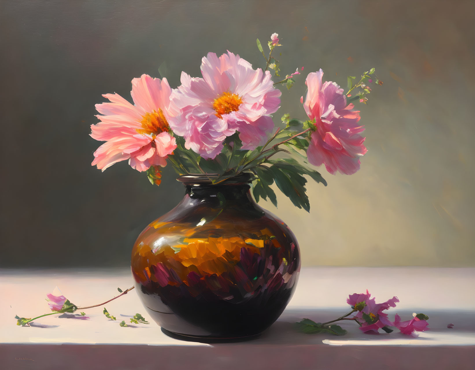 Pink peonies in amber vase on table surface with scattered petals