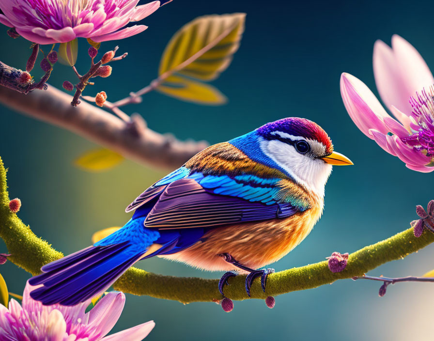 Colorful bird perched on branch among pink blossoms on teal background