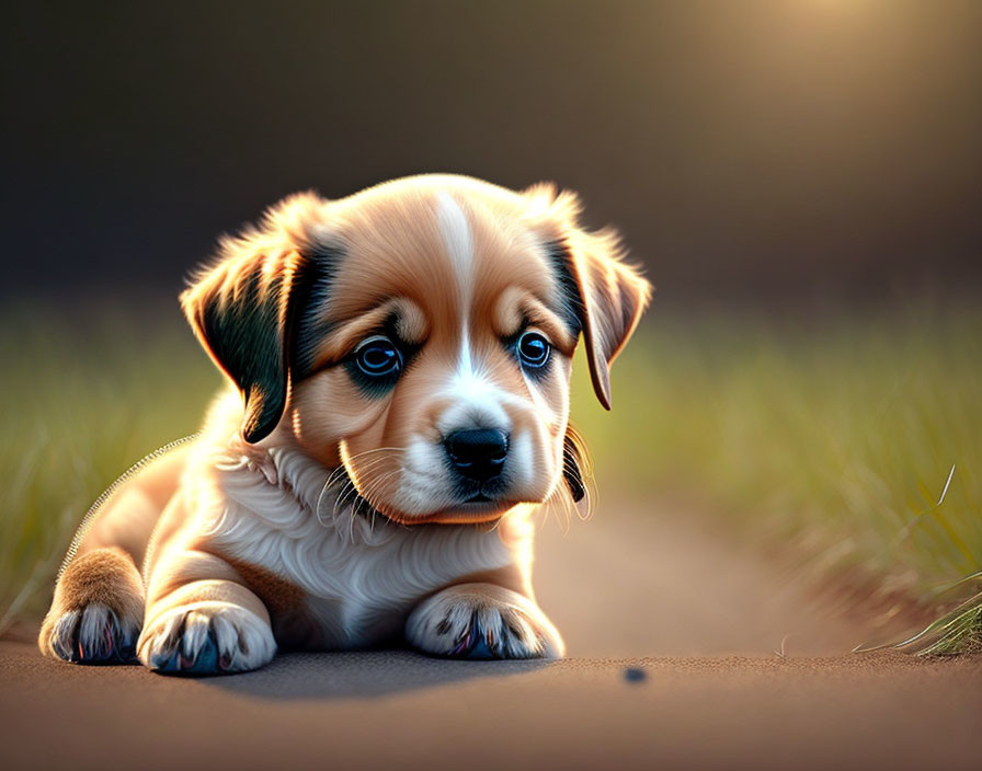 Adorable Brown and White Puppy with Floppy Ears and Soulful Eyes in Soft Lighting