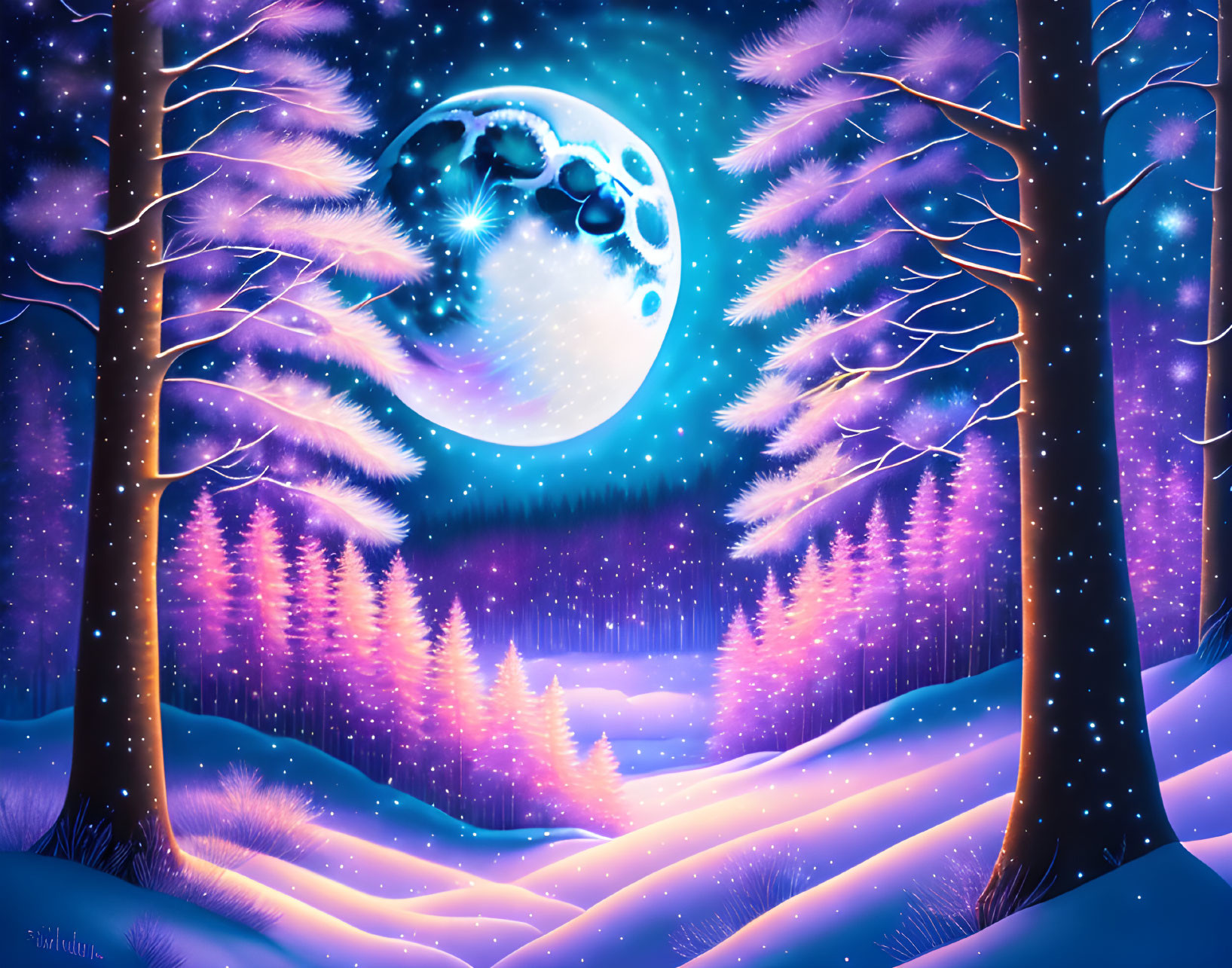 Digital illustration: Snowy forest night scene with glowing trees under luminous moon