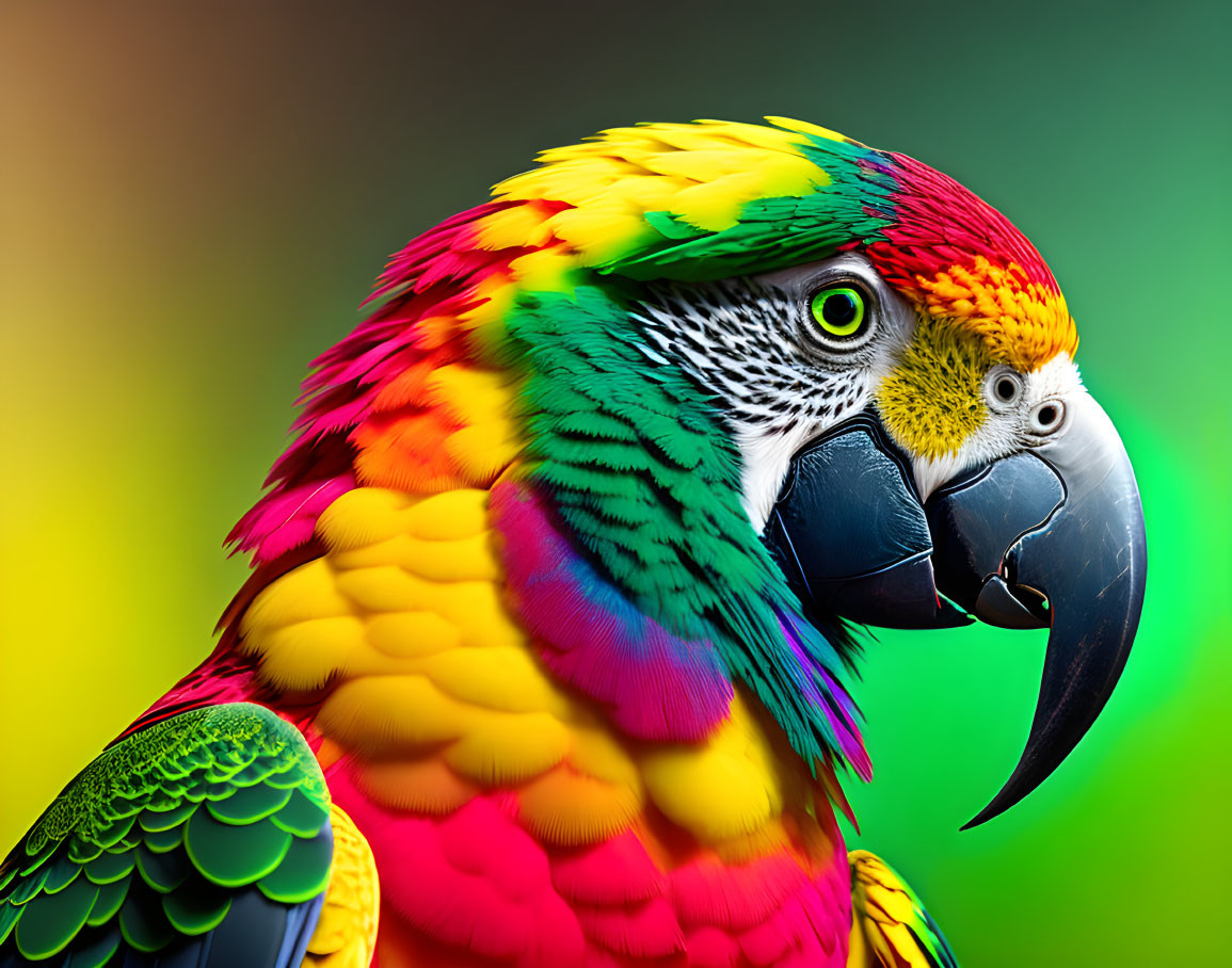 Colorful Macaw with Green, Yellow, and Red Feathers on Gradient Background